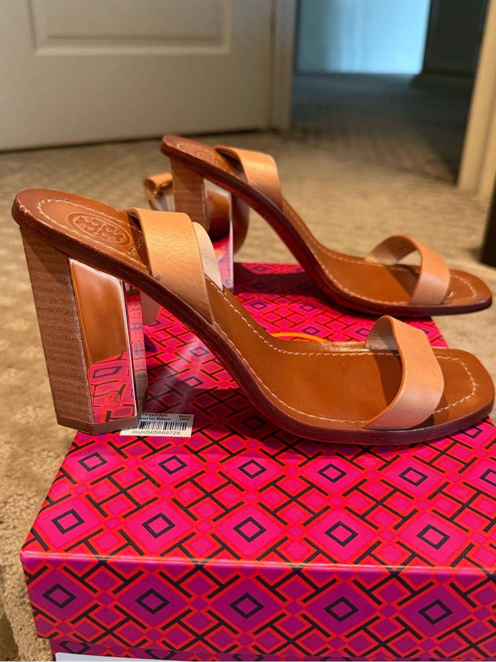 Tory Burch Tan Leather Block Heel Ankle Strap Sandals